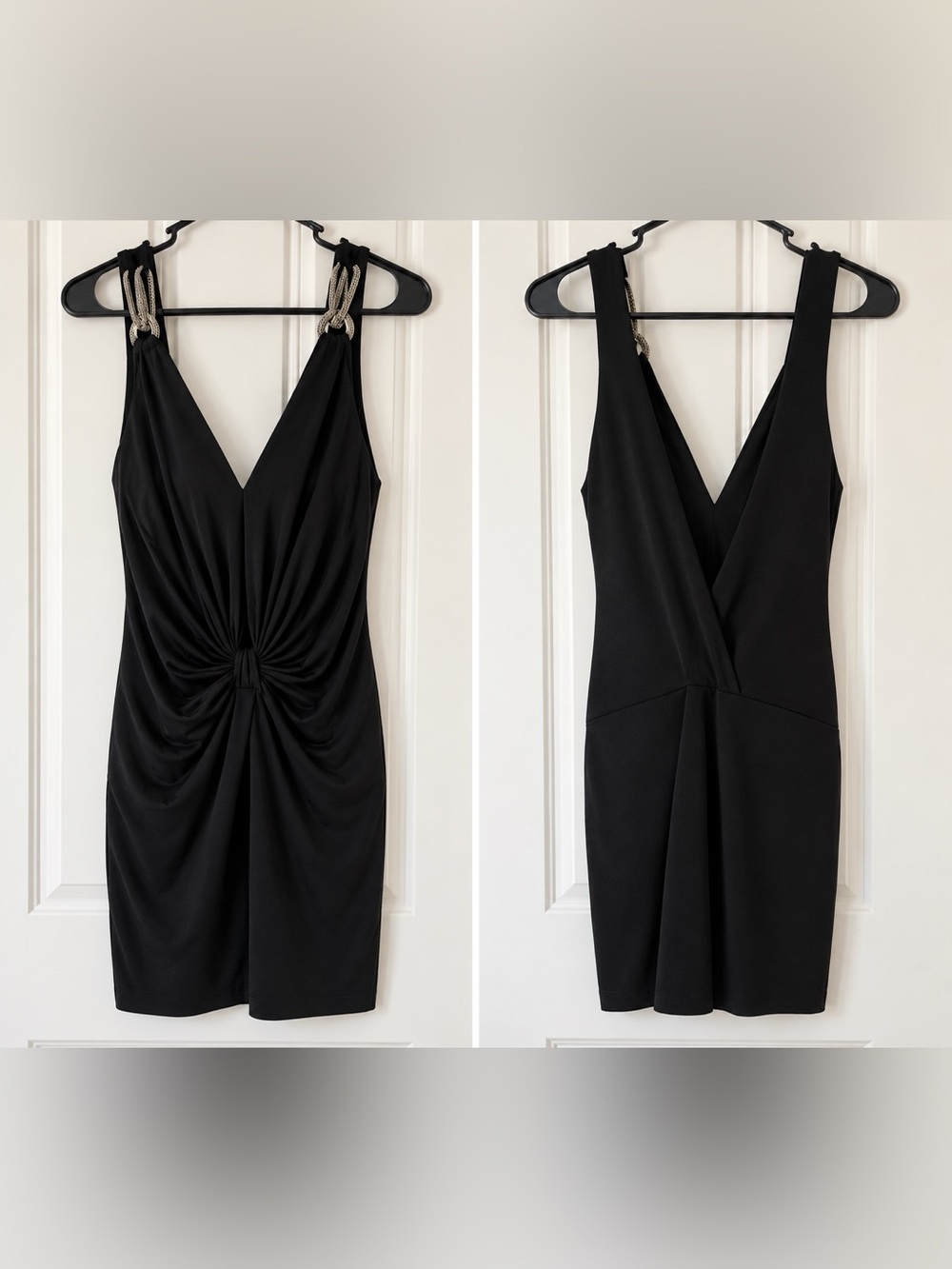 Black V-Neck Knot Front Cocktail Dress with Chain Straps
